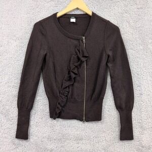 J Crew 100% Merino Wool Ruffled Cardigan Sweater Women's Small Brown Pullover